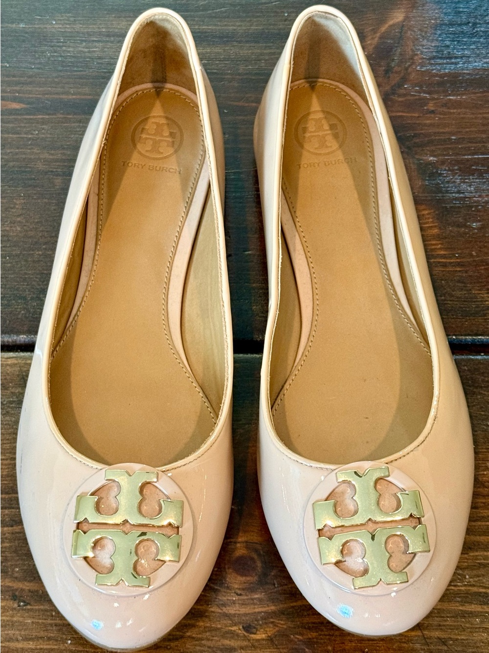 Tory Burch Blush Patent Leather Reva Flats with Gold Logo